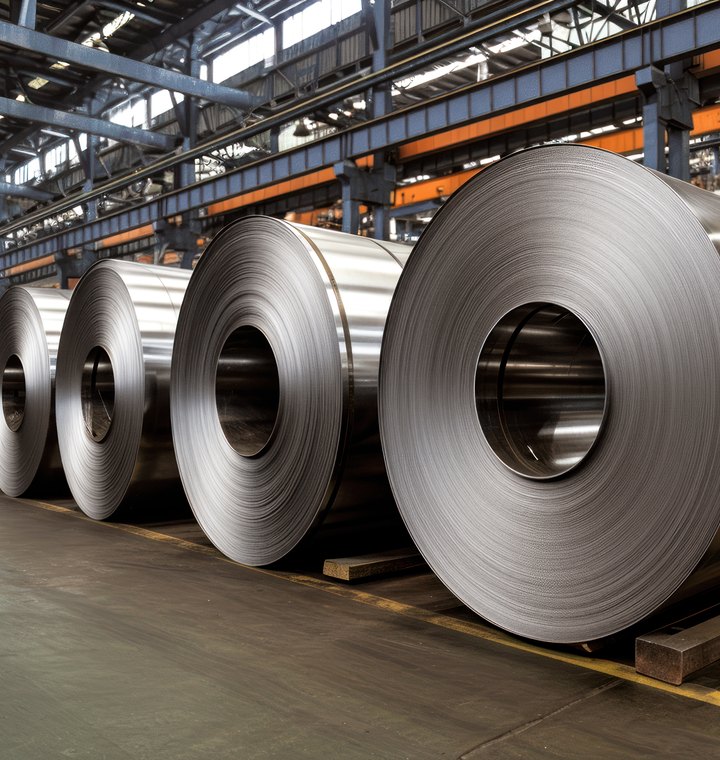 Steel coils stored in an industrial warehouse