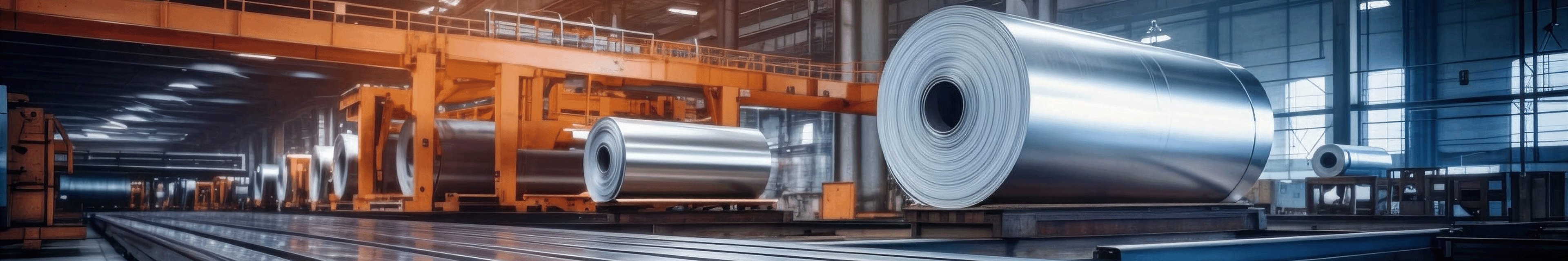 Steel coils on a rolling line inside a steel mill