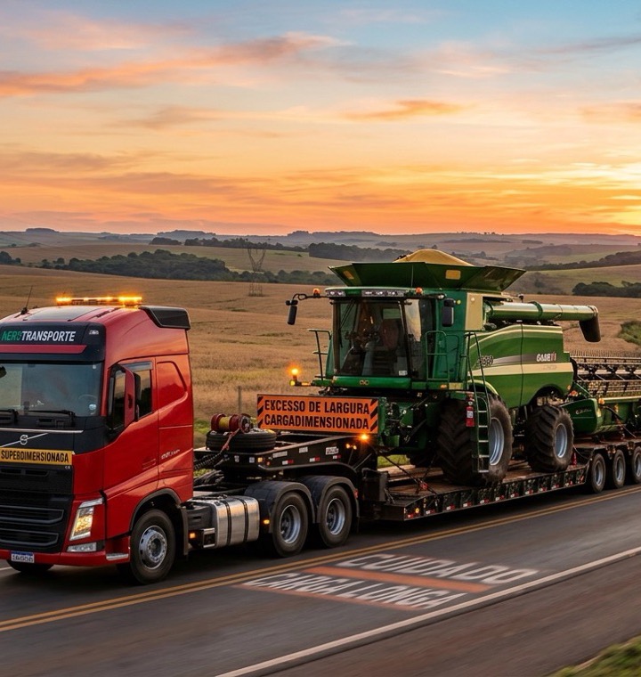 Carreta com carga superdimensionada e escolta em rodovia