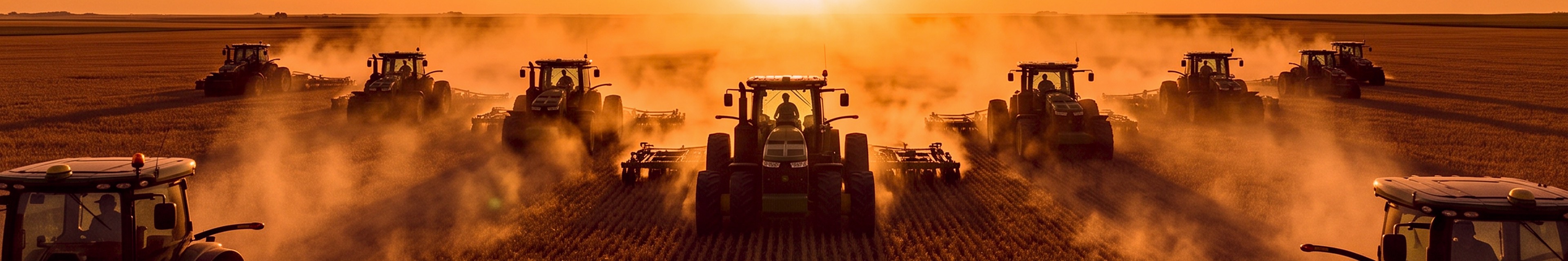 Frota de tratores em operação no campo ao pôr do sol