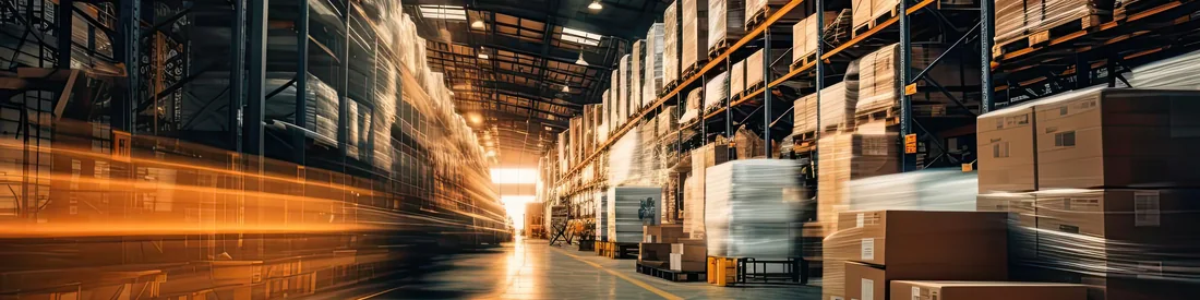Corredor de um armazém logístico com prateleiras cheias de mercadorias