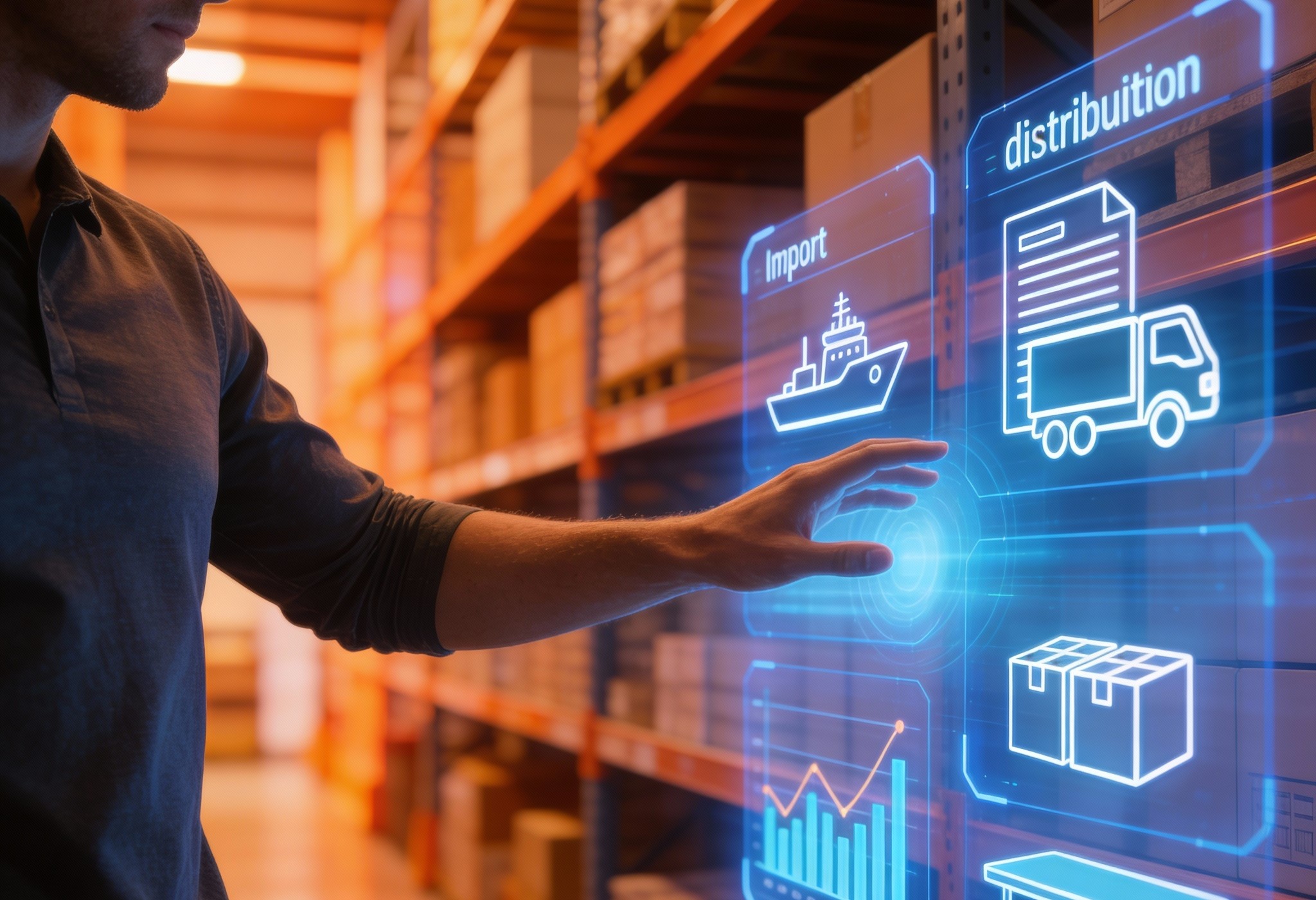 Profissional operando sistema digital com visualização de importação, estoque e logística.