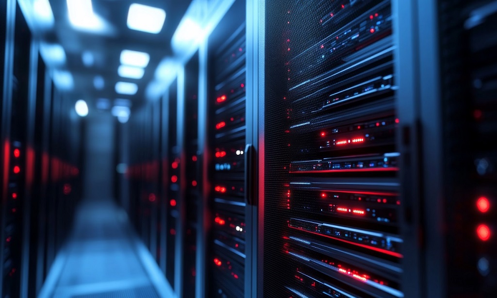 Infraestrutura de data center com servidores representando importação de equipamentos de tecnologia