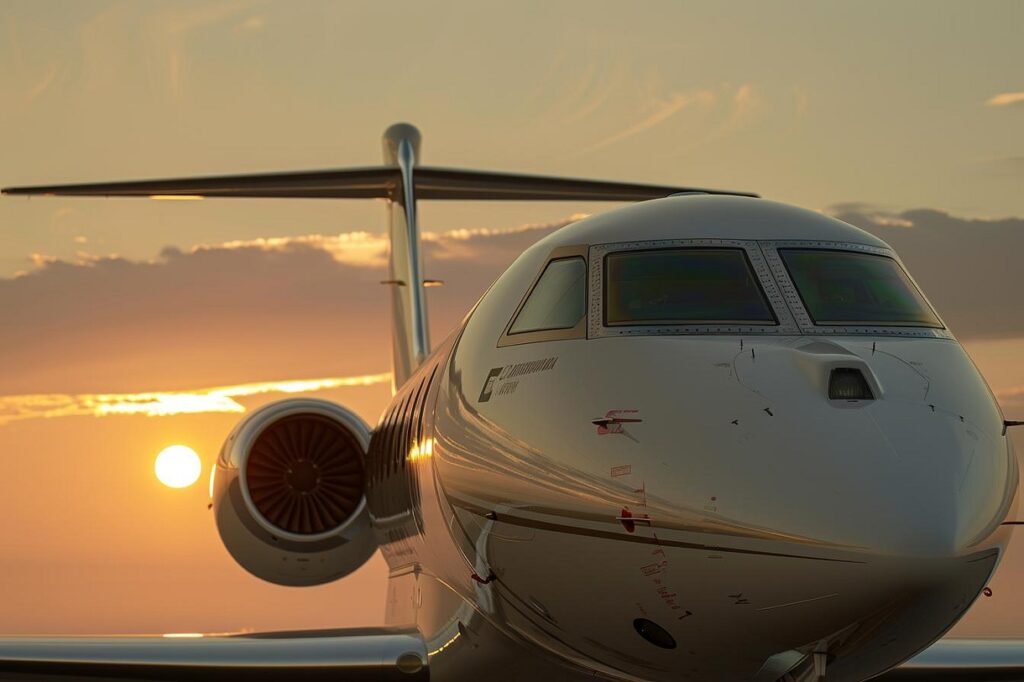 Aeronave executiva no pôr do sol representando a importação de aeronaves